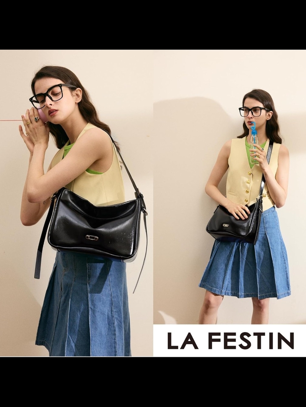 LA FESTIN Black Shoulder Bag Faux Leather Hobo Purse Adjustable Strap NWT